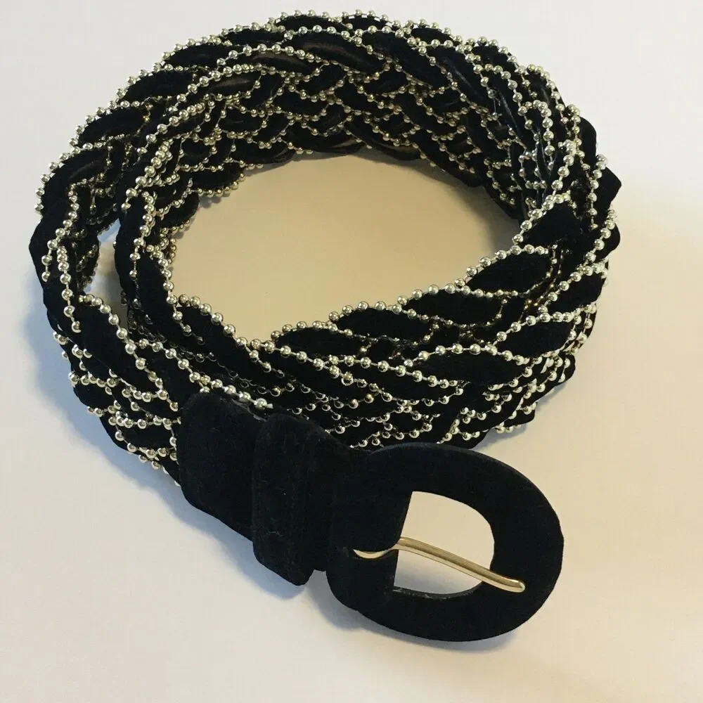 Vintage Amanda Smith Womens Belt Black Felt and Thin Gold Beading Woven Size S/M